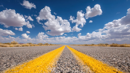 Open road stretches into the distance, bordered by fluffy clouds in a blue sky. A perfect scene for travel and exploration photography.の素材
