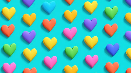 This image features a vibrant pattern of colorful heart shapes arranged on a turquoise background, perfect for design projects related to love, positivity, and friendship.の素材
