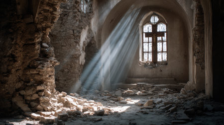 A captivating image capturing sunlight streaming through broken windows in an abandoned building. Dust and decay create a serene atmosphere, showcasing intricate textures and remnants of history.の素材