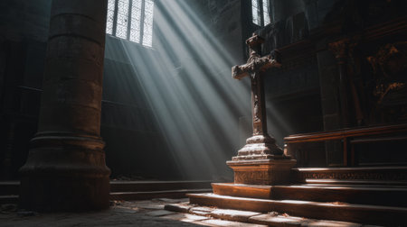 A serene interior scene of an ancient church, featuring rays of sunlight streaming through ornate windows, illuminating a wooden cross and altar.の素材
