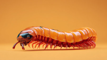 A detailed macro photograph of a vibrant insect larvae crawling on a bright orange background, showcasing its textures and unique patterns.の素材