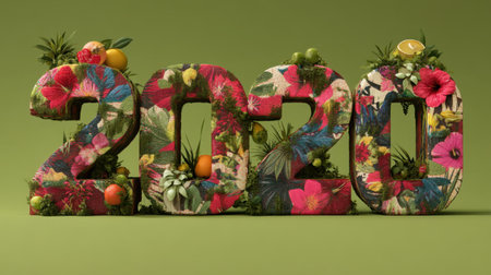 A vibrant floral arrangement forms the numbers of the year 2020, showcasing tropical plants and bright fruits against a soft green backdrop, perfect for celebrations.の素材