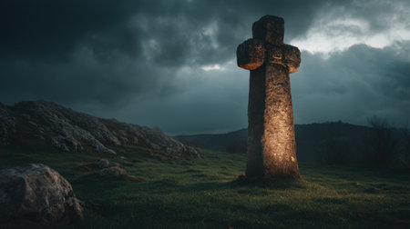 A solitary stone cross stands against a backdrop of dark clouds and rugged terrain, illuminated by a mysterious light, creating a haunting atmosphere.の素材