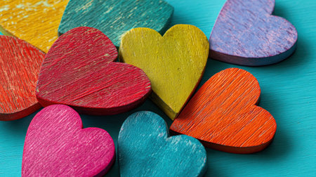 A vibrant collection of wooden hearts in various colors scattered on a turquoise background. Perfect for creative projects, decorations, and adding a cheerful touch to any celebration.の素材