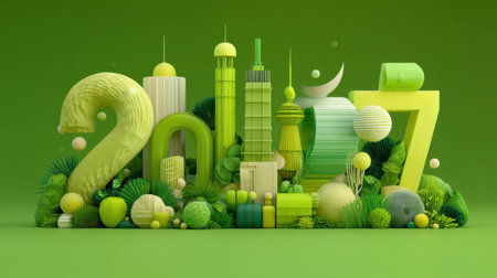 This captivating image features the numbers 2027 creatively formed using vibrant green colors and abstract shapes. The lively botanical theme enhances the artistic appeal, creating a harmonious and modern design suitable for various creative projects.の素材