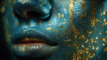 An artistic close-up showcasing a face adorned with vibrant blue and shimmering gold glitter. Ideal for beauty and creative concepts, this image captures the essence of modern artistic expression.の素材