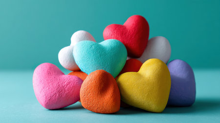 A vibrant collection of heart-shaped decorations in various colors stacked together against a soft green background, perfect for creative projects.の素材