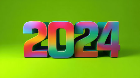 A vibrant and colorful 2024 rendering stands out against a bright green background, perfect for New Year celebrations and festive events.の素材