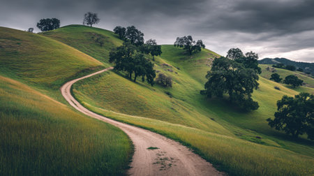 Explore the tranquility of a winding dirt path through vibrant green hills under a cloudy sky, perfect for nature lovers and adventurers.の素材