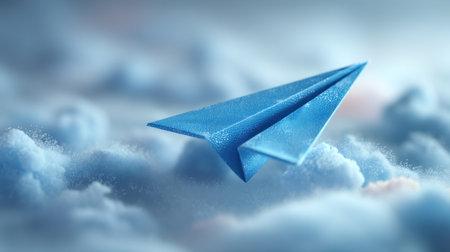 A vibrant blue paper airplane glides above fluffy clouds, embodying a sense of freedom and imagination in an ethereal, artistic atmosphere.の素材