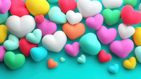 A vibrant array of colorful heart shapes scattered across a blue background, perfect for themes of love, romance, and affection. Ideal for creative design projects.の素材