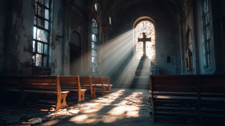 Sunlight pours through the dusty windows of an abandoned church, casting dramatic light rays across empty benches and showcasing a cross.の素材
