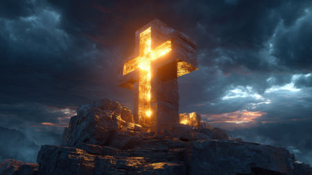 A stunning scene featuring a glowing cross illuminated by sunset colors atop a rocky mountain, surrounded by dramatic clouds, evoking spirituality and inspiration.の素材