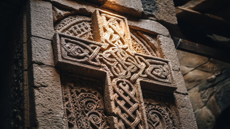 Discover the intricate details of a Celtic cross carving in stone, beautifully illuminated by soft light. This artwork reflects rich historical and cultural significance, showcasing expert craftsmanship in an awe-inspiring architectural setting.の素材