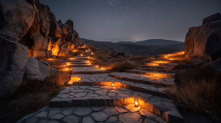 A captivating nighttime scene featuring a winding stone pathway illuminated by lanterns, enhancing the tranquil ambiance of the rocky landscape beneath a starlit sky.の素材