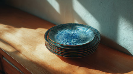 A beautiful arrangement of stacked blue plates creates a serene ambiance in a kitchen. Soft sunlight casts gentle shadows, enhancing the colors.の素材