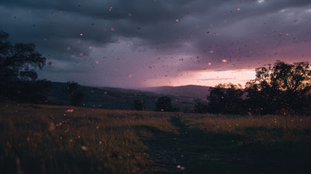 A breathtaking view of a sunset over rolling hills, showcasing vibrant colors and a moody atmosphere with rain droplets in the air.の素材