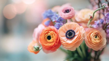 A stunning close-up of colorful ranunculus flowers arranged beautifully, capturing the essence of spring with a blurred background. Perfect for floral themes.の素材