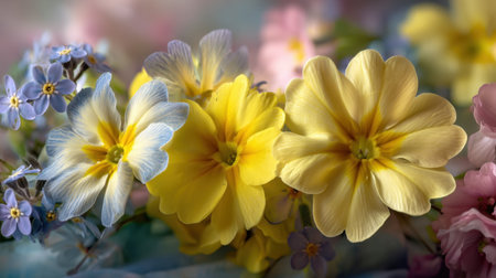 This close-up captures the vibrant colors and delicate details of various spring flowers, evoking a sense of freshness and natural beauty in every petal.の素材