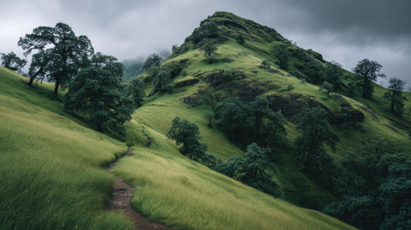 A stunning mountain landscape featuring lush green hills, a winding path, and a dramatic overcast sky, ideal for nature enthusiasts and explorers.の素材