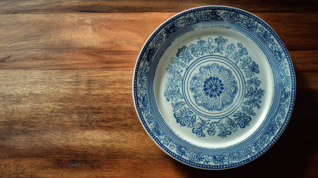 A beautiful blue and white decorative plate rests on a rustic wooden table, showcasing intricate floral patterns, perfect for vintage decor.の素材