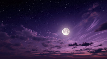 A captivating night sky features a full moon casting its glow over wispy clouds while countless stars shine brightly in the deep purple backdrop.の素材