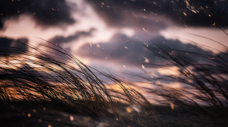Enchanting twilight landscape features graceful blades of grass swaying gently under a vast, dramatic sky filled with clouds.の素材