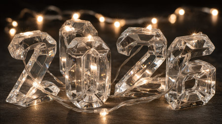 A stunning close-up of crystal numbers 2026 illuminated by warm LED lights, perfect for celebrating New Year or festive events with elegance.の素材