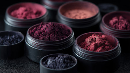 Close-up view of colorful pigments displayed in open containers, perfect for makeup applications or artistic crafting projects.の素材