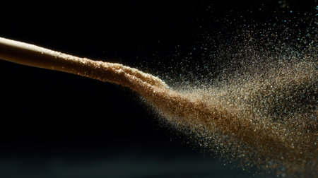 A mesmerizing close-up view of fine brown powder being dispersed in the air, creating an elegant and dynamic visual effect against a dark background.の素材