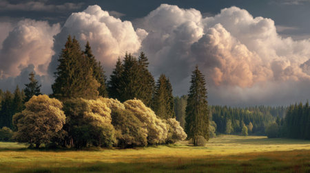 Breathtaking view of a lush green forest under a stunning sky filled with dramatic clouds. Experience the beauty of nature in this serene landscape.の素材