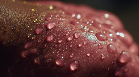 This stunning close-up captures shiny water droplets on a smooth surface, showcasing vibrant colors and intricate reflections, perfect for artistic projects.の素材