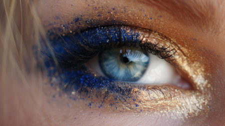 This stunning close-up showcases a human eye adorned with vibrant blue and gold makeup, featuring glitter and unique details. The reflection adds an artistic touch to the overall beauty of the image.の素材