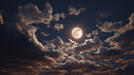 A captivating night sky scene features a luminous full moon casting its light through dramatic clouds. This breathtaking view showcases nature's beauty and tranquility, perfect for evoking wonder.の素材