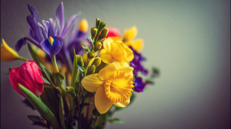A stunning bouquet featuring daffodils, tulips, and irises. This vibrant arrangement captures the essence of spring, bringing beauty and freshness.の素材