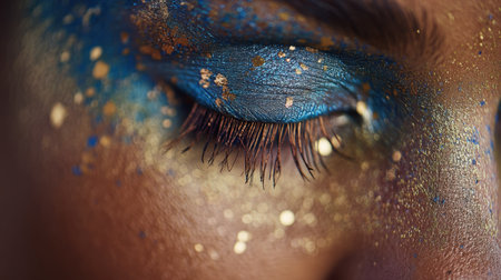 This captivating close-up features a stunning artistic eye makeup, showcasing a blend of blue and gold glitter that illuminates the skin.の素材