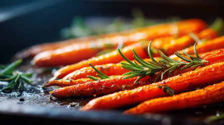 A close-up view of freshly roasted carrots garnished with rosemary on a baking tray. The warm light enhances the vibrant color, inviting a rustic dining experience.の素材