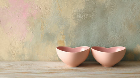 Two charming heart-shaped pink bowls rest on a wooden surface, set against a softly textured pastel wall, perfect for romantic setups.の素材