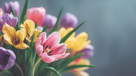 A beautiful bouquet of vibrant tulips and pansies captures the essence of spring. The soft colors and delicate petals evoke freshness and warmth, perfect for decoration or gifting.の素材