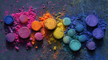 An array of vibrant color powders in a rainbow spectrum, beautifully arranged on a textured surface, perfect for art, crafting, and creative inspiration.の素材