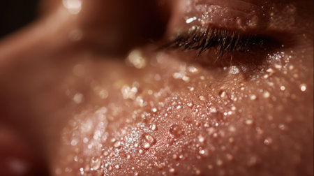 This close-up image captures a face with skin that glistens from water droplets, showcasing hydration and natural beauty. Perfect for wellness concepts.の素材