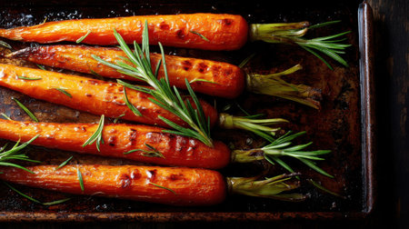 A vibrant display of grilled carrots garnished with fresh rosemary on a rustic baking tray, perfect for a healthy side dish and appealing culinary art.の素材