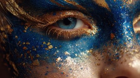 A captivating close-up portrait showcasing a person with striking blue and gold face paint adorned with glitter. The detail in the blue eye adds a mesmerizing touch, emphasizing artistic expression and creativity. Perfect for beauty and art themes.の素材