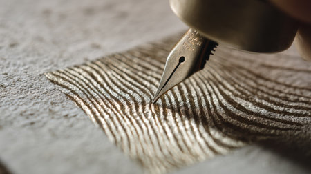 A close-up view captures the intricate details of a vintage metal nib pen creating fine lines on textured paper. The artistic process unfolds with each stroke.の素材
