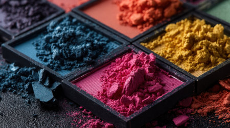 A collection of vibrant color powders arranged in square trays, showcasing a variety of hues. Perfect for art and crafts, these pigments exhibit rich textures against a dark surface, inspiring creativity.の素材