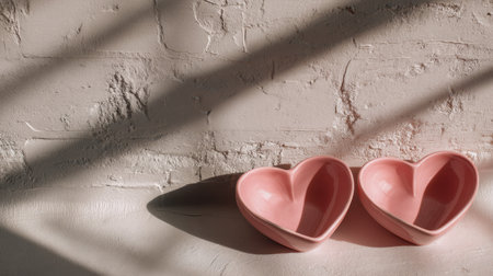 Two heart-shaped pink bowls sit elegantly on a soft surface, with gentle shadows casting across the scene in natural light, exuding warmth and charm.の素材