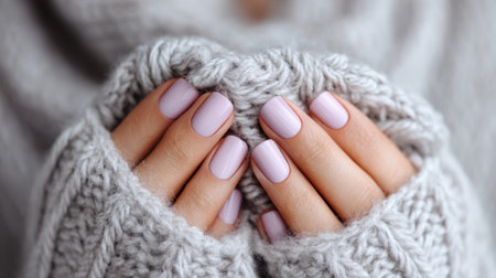 Cozy up with this close-up shot of lavender nail polish on manicured hands enveloped in a soft, knitted sweater. Perfect for beauty and winter themes.の素材