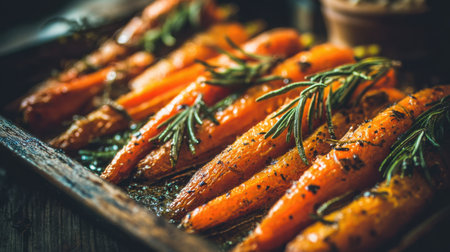 A vibrant display of freshly roasted carrots garnished with rosemary, showcasing a warm and inviting rustic kitchen setting. Perfect for healthy meals.の素材
