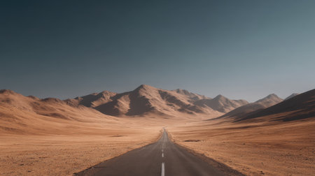 An expansive view of a winding road cutting through a vast desert landscape with majestic mountains under a clear blue sky. Ideal for adventure themes.の素材