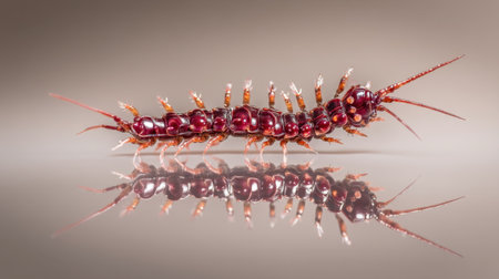 A stunning macro photograph showcasing a vibrant red centipede with intricate body structure reflected on a smooth surface. Ideal for nature enthusiasts.の素材